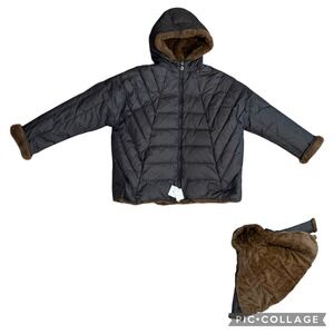 Bonpoint Reversible Puffer Jacket NEW Hooded Down Feather Black Brown Faux Fur